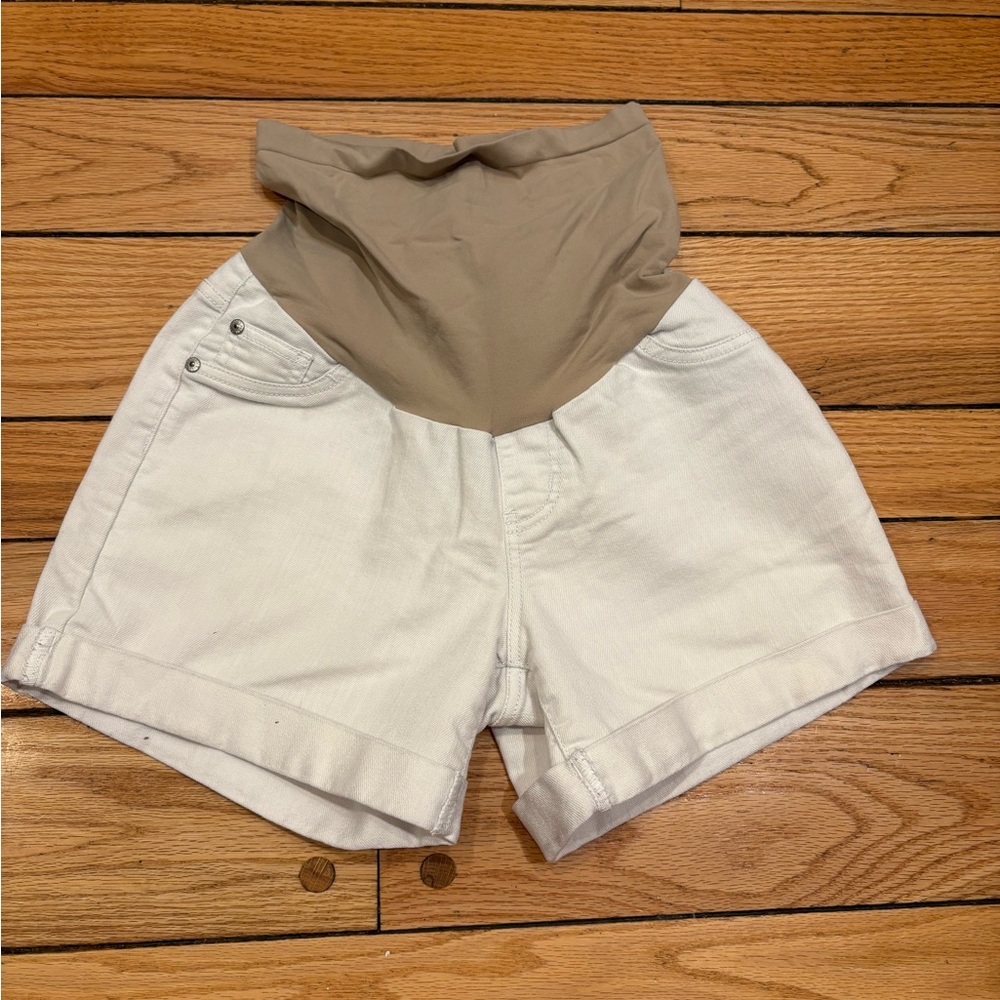 Indigo Blue White Denim Maternity Shorts with Tan Support Panel size medium